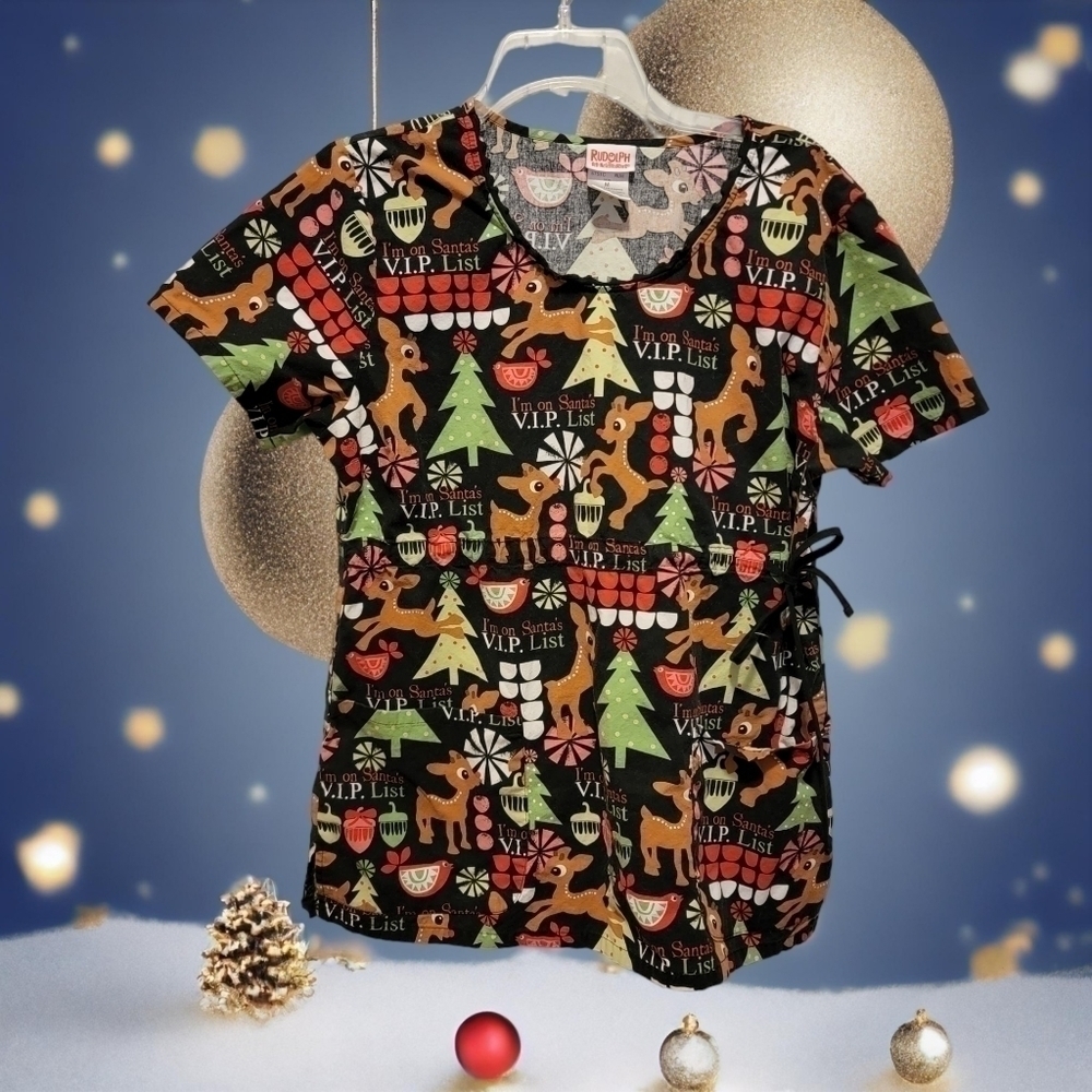 Rudolph Reindeer Santa's VIP List Christmas Scrub top Size M T34